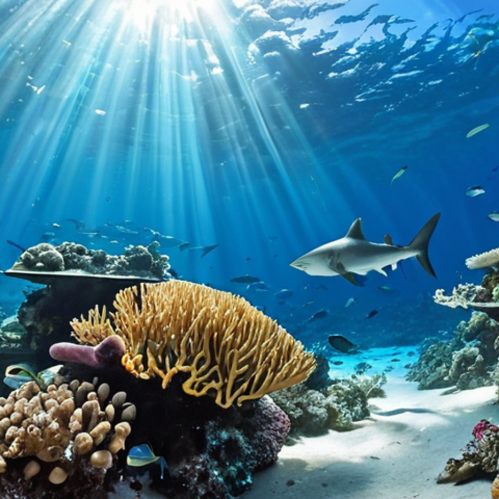 **A vibrant underwater scene in Palau's Blue Corner during the dry season. Focus on the abundant marine life: sharks, barracudas, tuna, and colorful reef fish swirling around a coral reef. Sunlight piercing through the clear water, creating a sense of awe and wonder. Emphasize the feeling of swimming in an aquarium.**