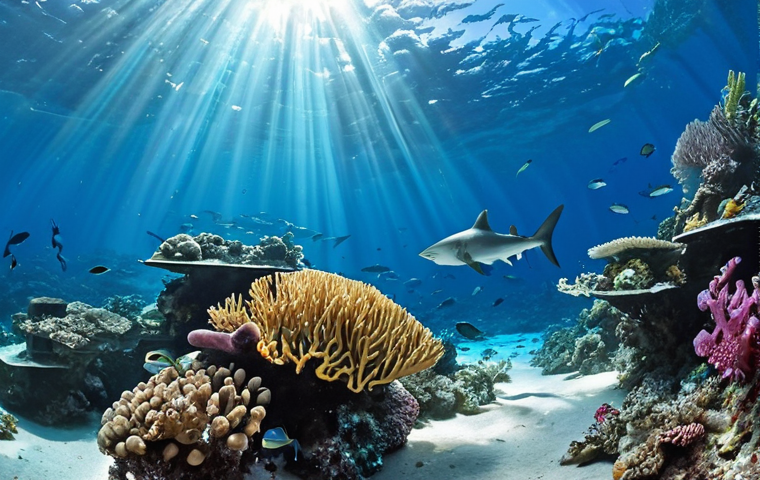 **A vibrant underwater scene in Palau's Blue Corner during the dry season. Focus on the abundant marine life: sharks, barracudas, tuna, and colorful reef fish swirling around a coral reef. Sunlight piercing through the clear water, creating a sense of awe and wonder. Emphasize the feeling of swimming in an aquarium.**