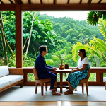 A diverse group of professional adults in modest, comfortable resort wear, calmly conversing in an elegantly designed eco-resort lounge in Palau. The setting features abundant natural light, lush tropical foliage, and architectural elements crafted from sustainable, local materials, overlooking a serene garden. The atmosphere is peaceful and inviting. Fully clothed, appropriate attire, safe for work, perfect anatomy, correct proportions, natural pose, well-formed hands, proper finger count, natural body proportions, professional photography, high quality, modest, family-friendly, appropriate content.