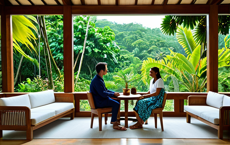 A diverse group of professional adults in modest, comfortable resort wear, calmly conversing in an elegantly designed eco-resort lounge in Palau. The setting features abundant natural light, lush tropical foliage, and architectural elements crafted from sustainable, local materials, overlooking a serene garden. The atmosphere is peaceful and inviting. Fully clothed, appropriate attire, safe for work, perfect anatomy, correct proportions, natural pose, well-formed hands, proper finger count, natural body proportions, professional photography, high quality, modest, family-friendly, appropriate content.